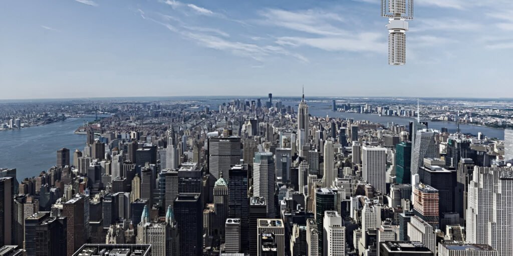 skyscraper hanging from space