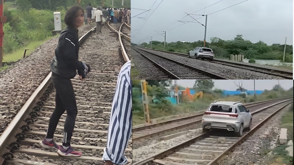 Watch: Drunk Woman Drives Car on Telangana Railway Tracks, Disrupts 15 Trains as Police Struggle to Rescue Her