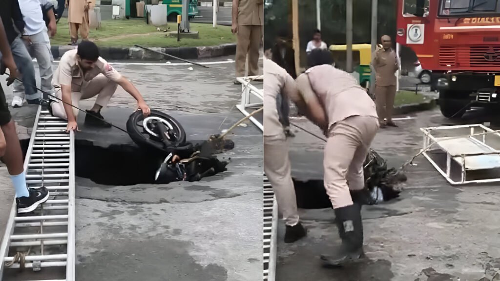 Chandigarh Road Cave-In: Bike Plunges Into Ditch After Heavy Rain, Raising Safety Concerns