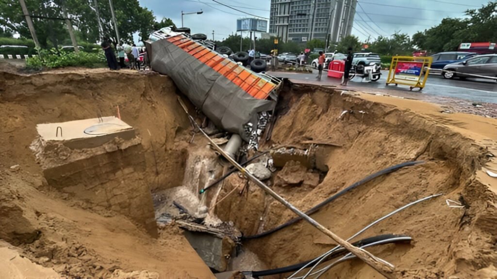 Gurugram Road Caves In After Heavy Rain: Truck Loaded with Liquor Plunges Into 40-Foot Crater